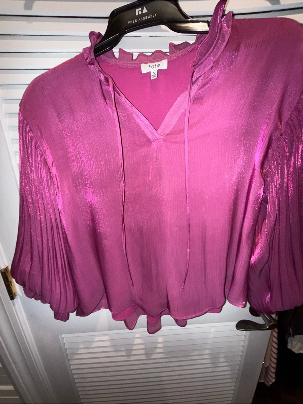 Fate Shimmery Magenta Pleated Balloon-Sleeve Blouse gorgeous new metallic tint